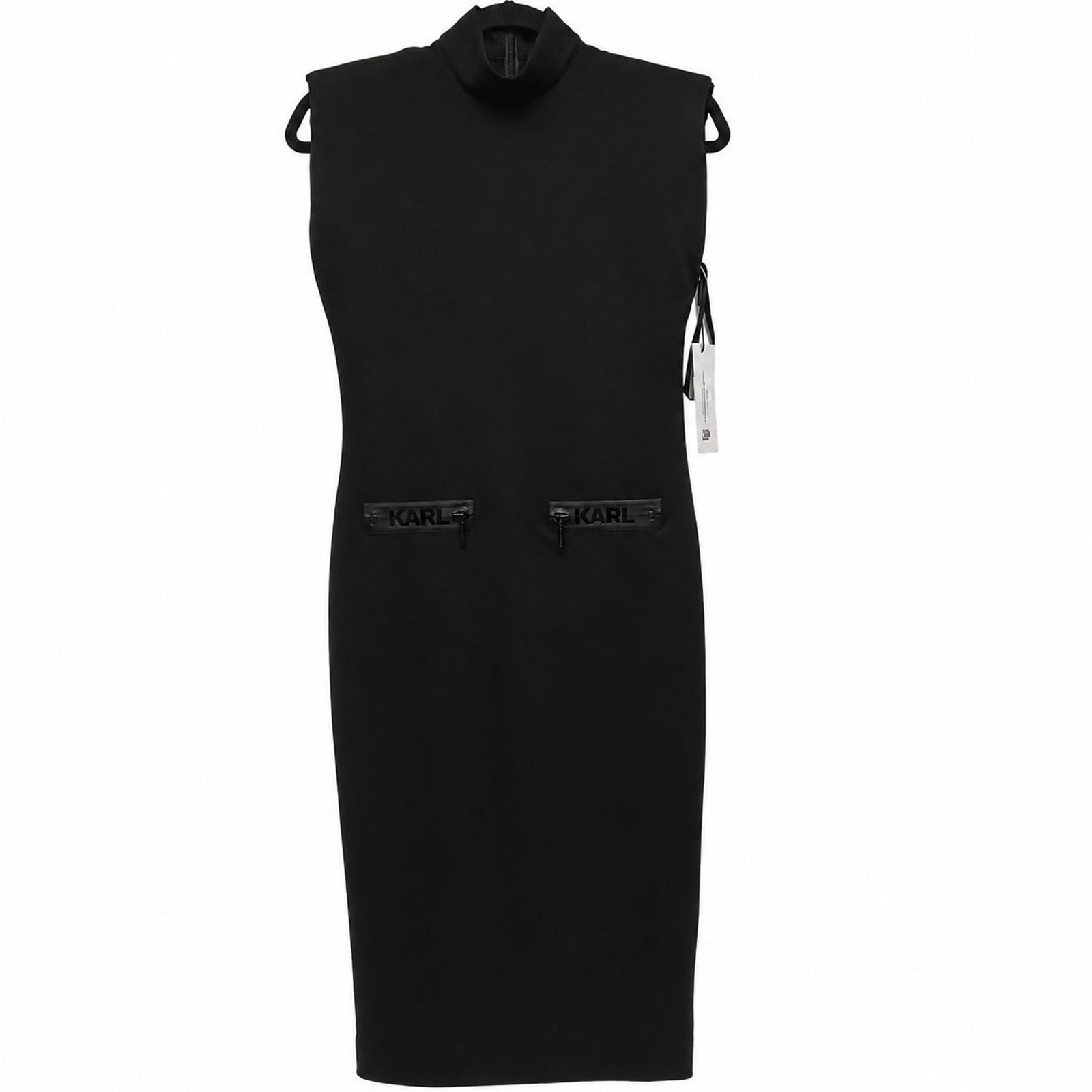 Karl Lagerfeld Paris Dress 0 Black Sleeveless Mock Neck Midi Zip Logo Pockets