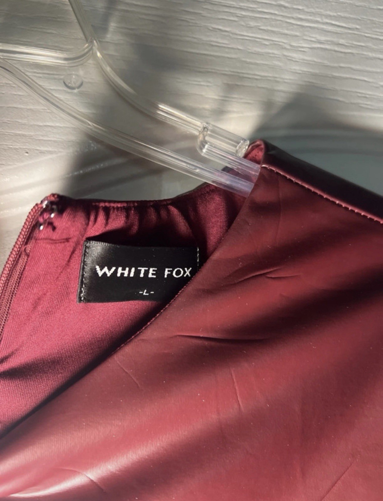 White Fox Burgundy Faux Leather Ruched Bodycon Mini Dress Round Neck L