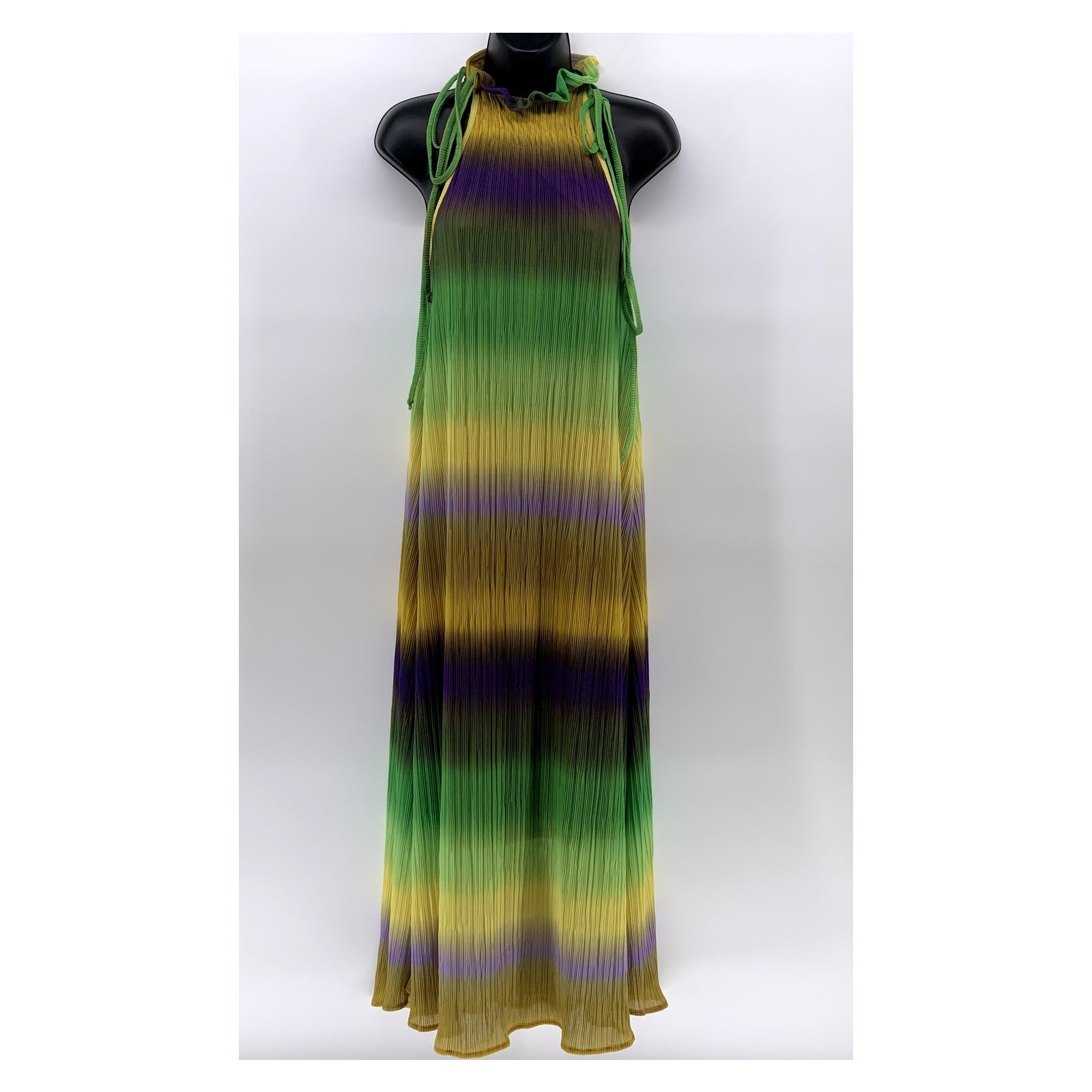 SFERA COLLECTION Women’s Yellow-Green-Purple Ombre Pleated Halter Maxi Dress SZS