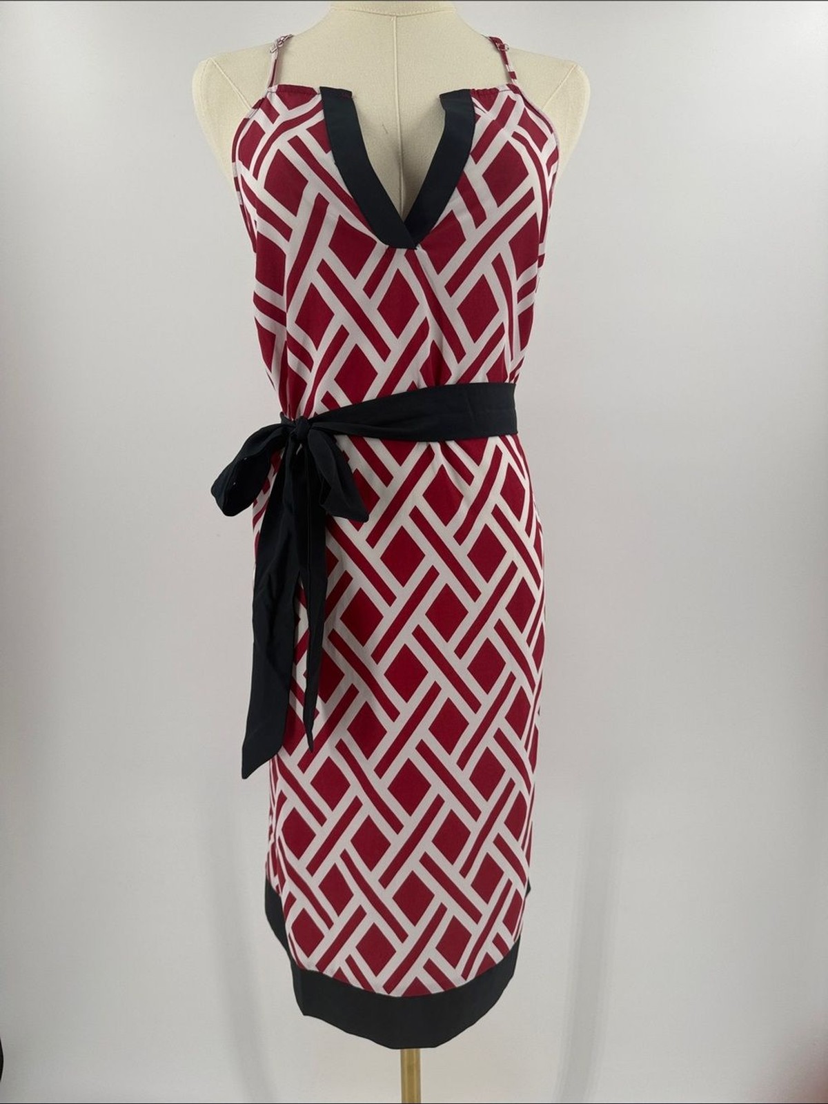 Sleeveless Red Geometric Midi Dress with navy Trim
