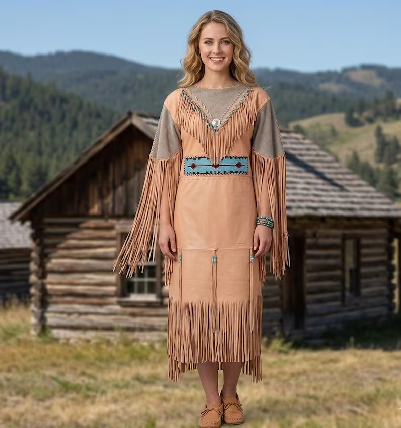 Women’s Leather Long Fringes Beaded Wedding Dress Powwow Regalia