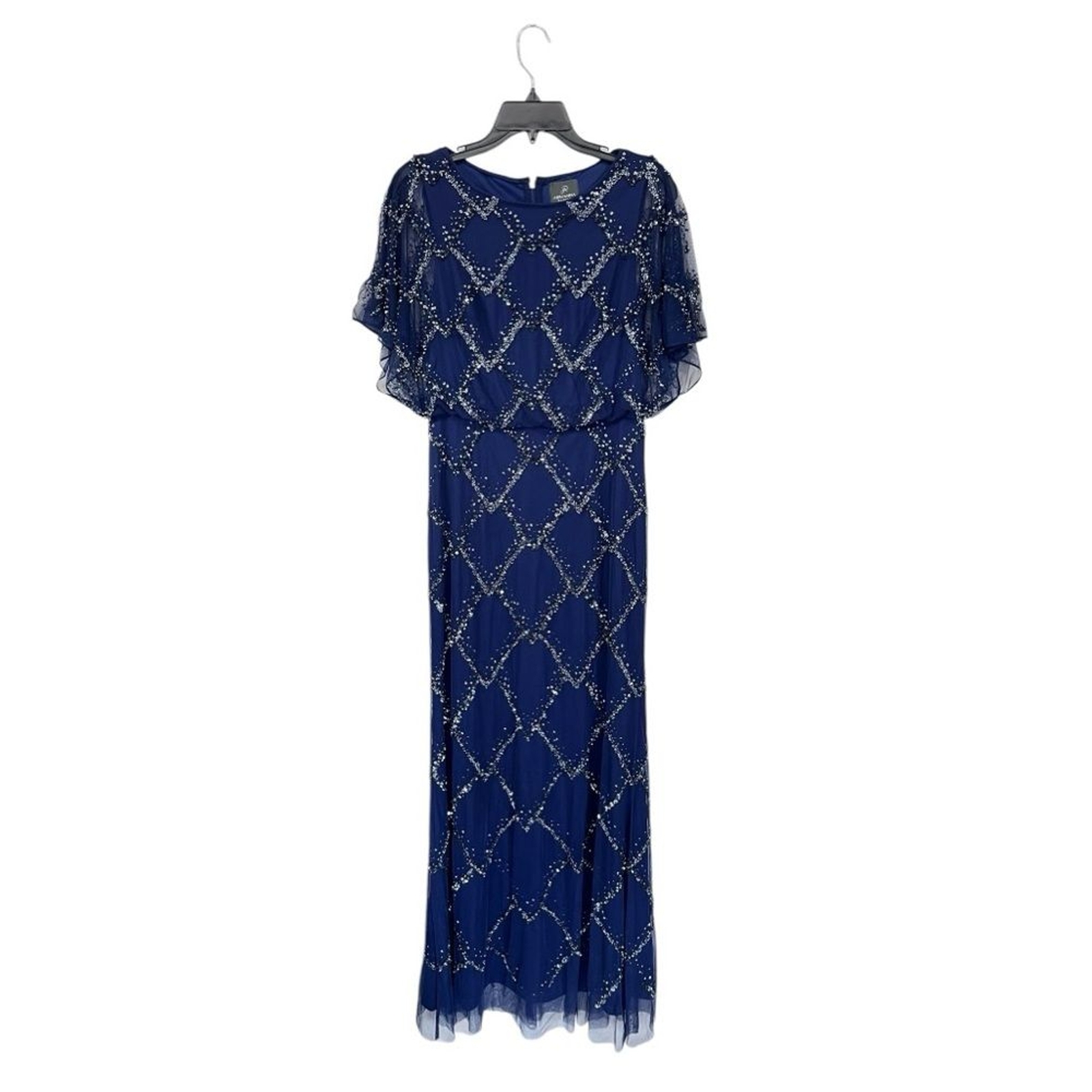 NWT Adrianna Papell | Hand Beaded Blouson Long Gown Flutter Sleeves Navy Blue 2