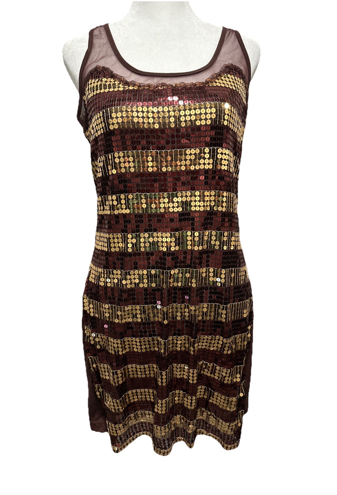 Y2K UltraPink Women’s Sz M Mini Tank Dress Gold Brown Sequin Party Cocktail Club