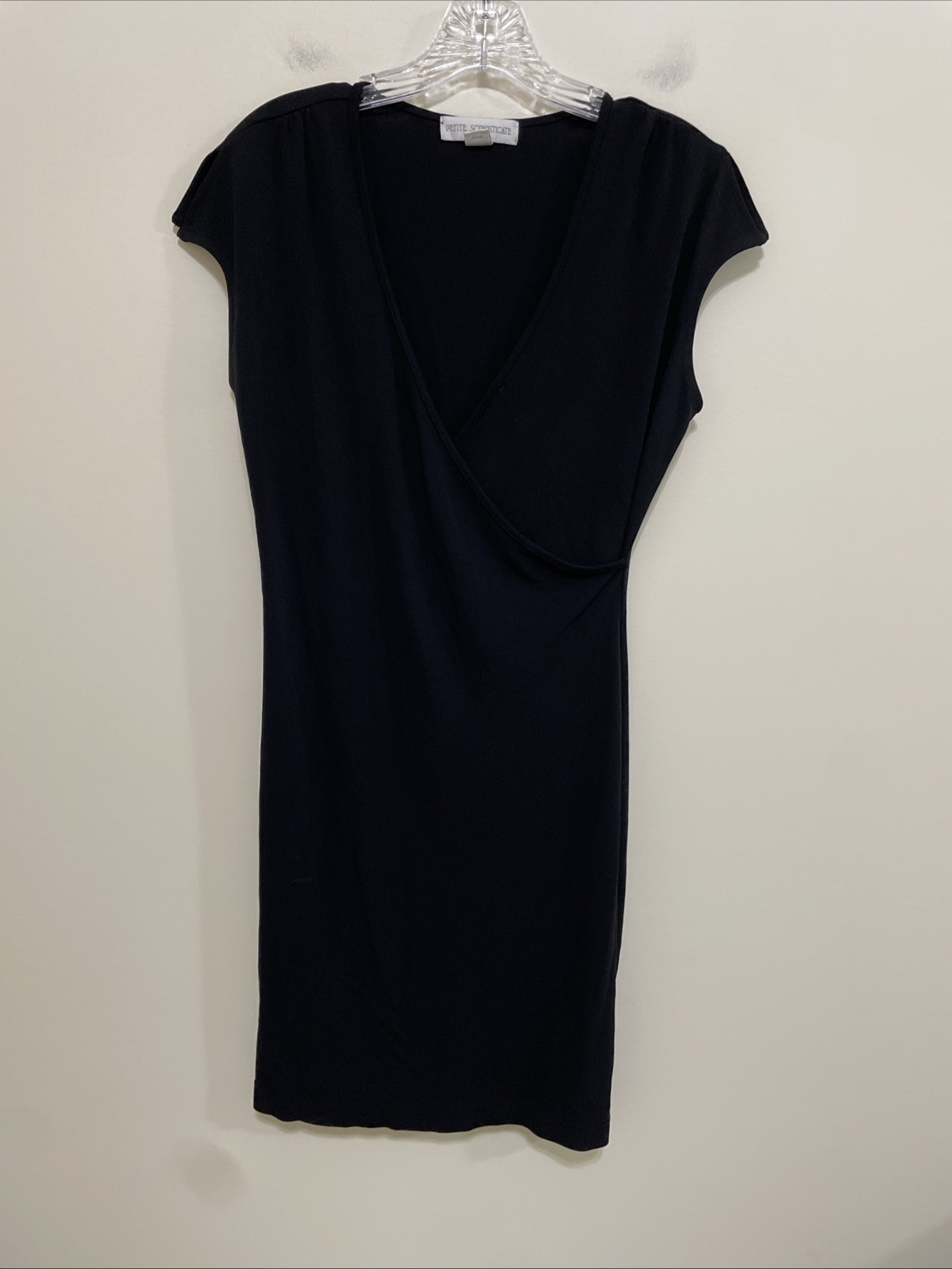 Petite Sophisticate Small V Neck Cross Over Short Sleeve Black Dress Rayon Blend