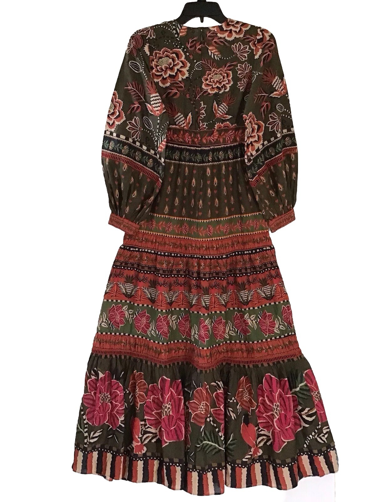 FARM RIO AINIKA MULTI MIX LONG SLEEVE V NECK MAXI DRESS XXS REG $285 NWT