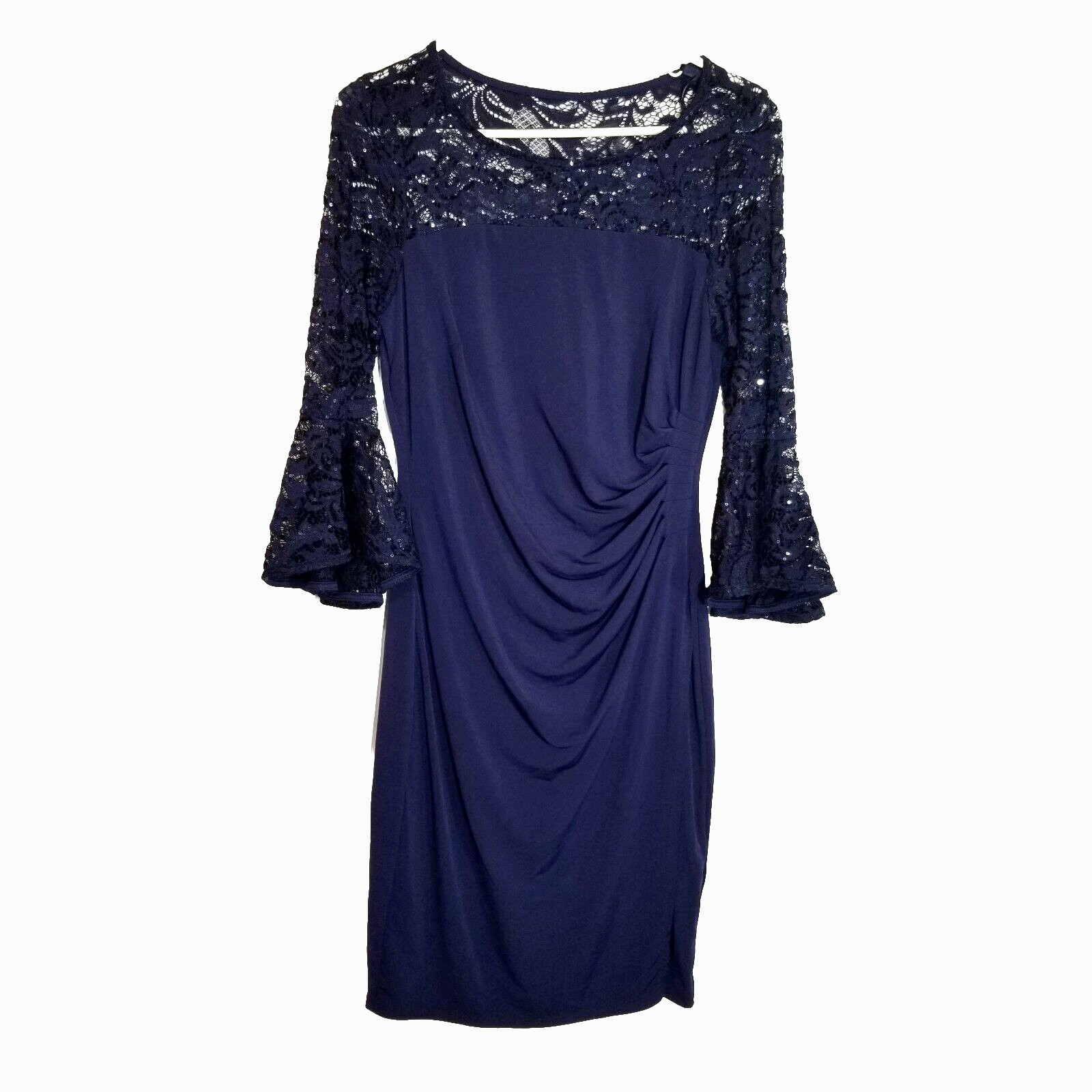 Marina Dress Women’s 6 Bell Sleeve Lace and Sequins Dark Blue Side Gather Slit