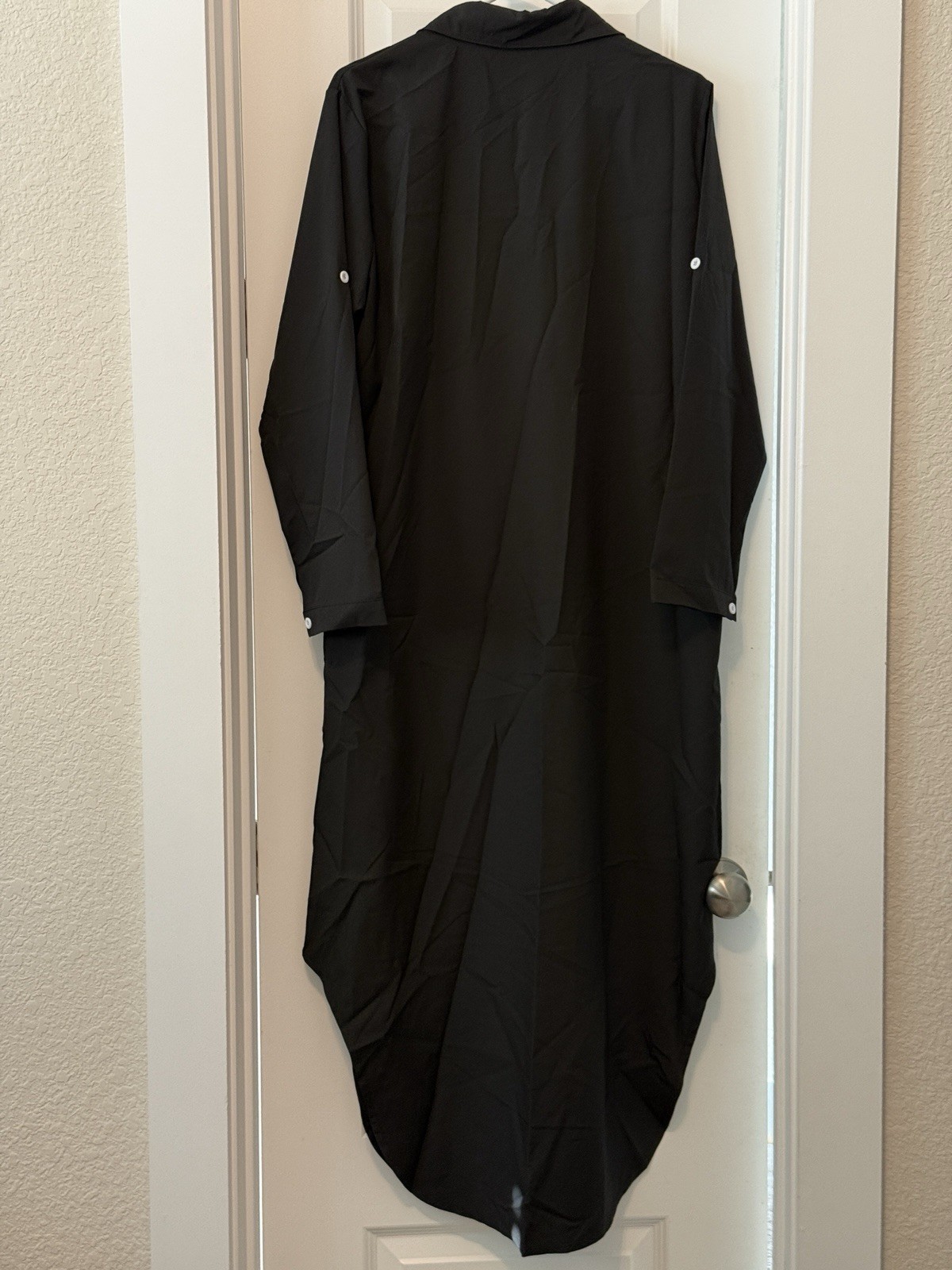 Black Solid Shirt Dress Button-Front Pockets Collared Long Sleeve Long L