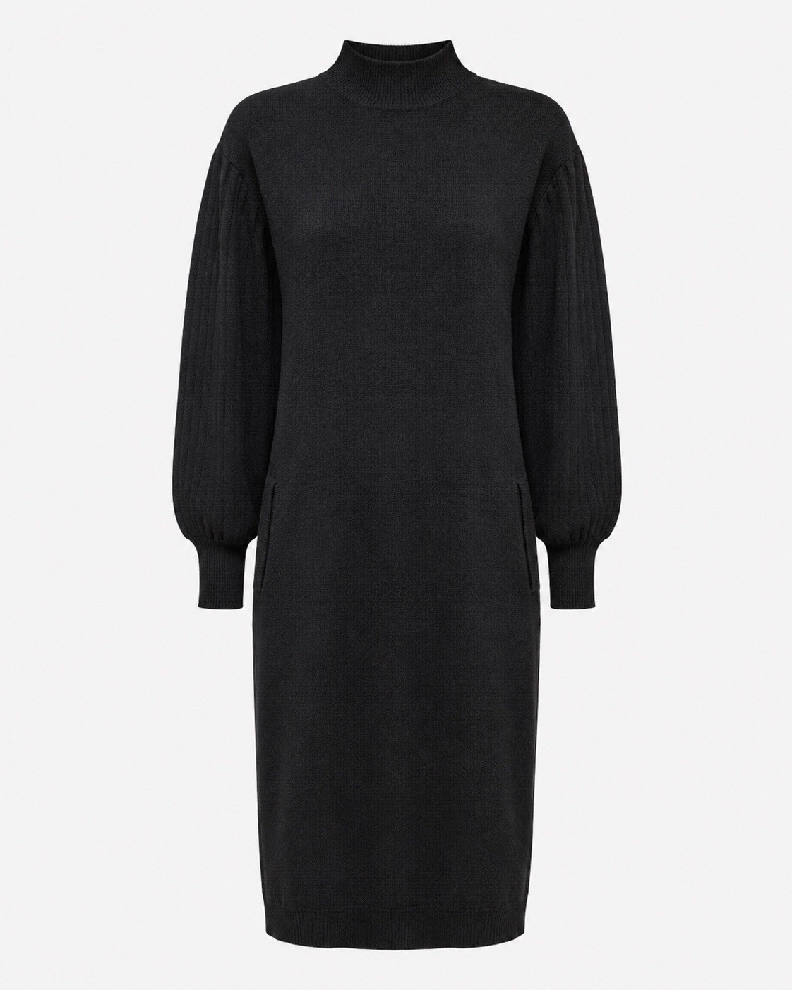 Allison Brittney Black Ribbed Knit Mock Neck Puff Sleeve Knee Sweater Dress 2