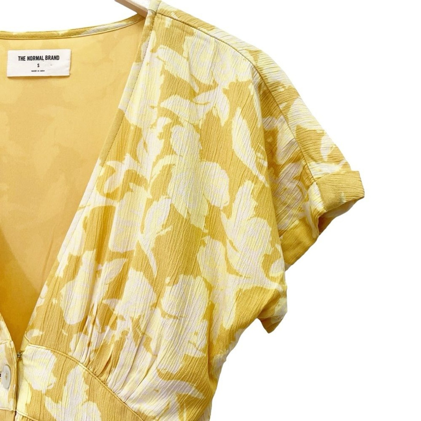 NWT The Normal Brand Ezra Crepe Deep V Button Thru Dress Yellow Size Small NEW
