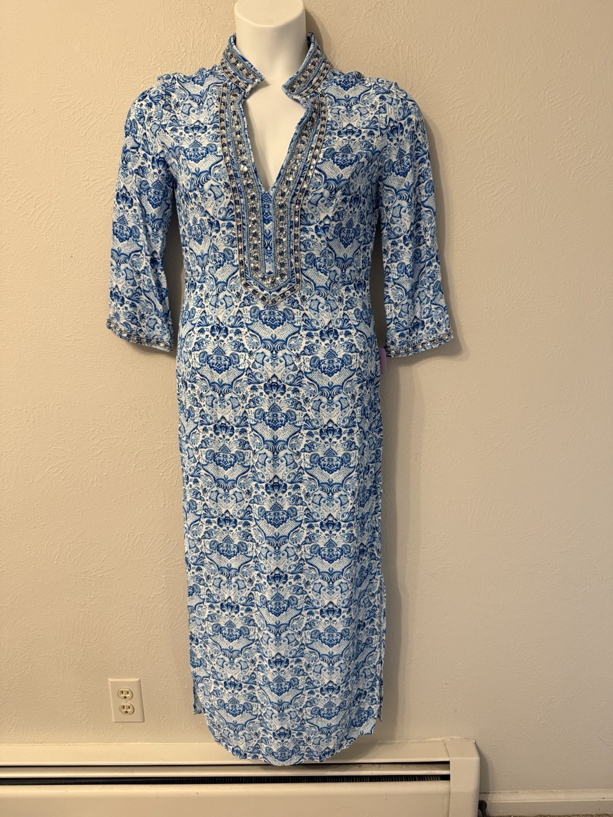 Nicoblu Shalimar Long Tunic Dress size 4 maxi Sapphire Jewel Embellishment
