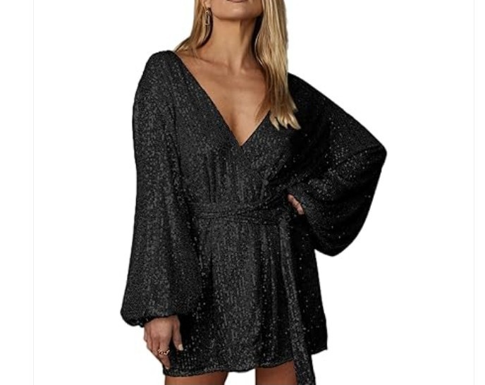 Ababalaya Black Sequin Cocktail Dress Long Sleeve Tie Waist Party AZ L NWT