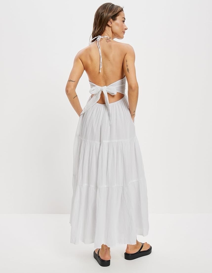 American Eagle Halter Ruched Tiered Midi Dress White Milkmaid Beach Whimsy XL