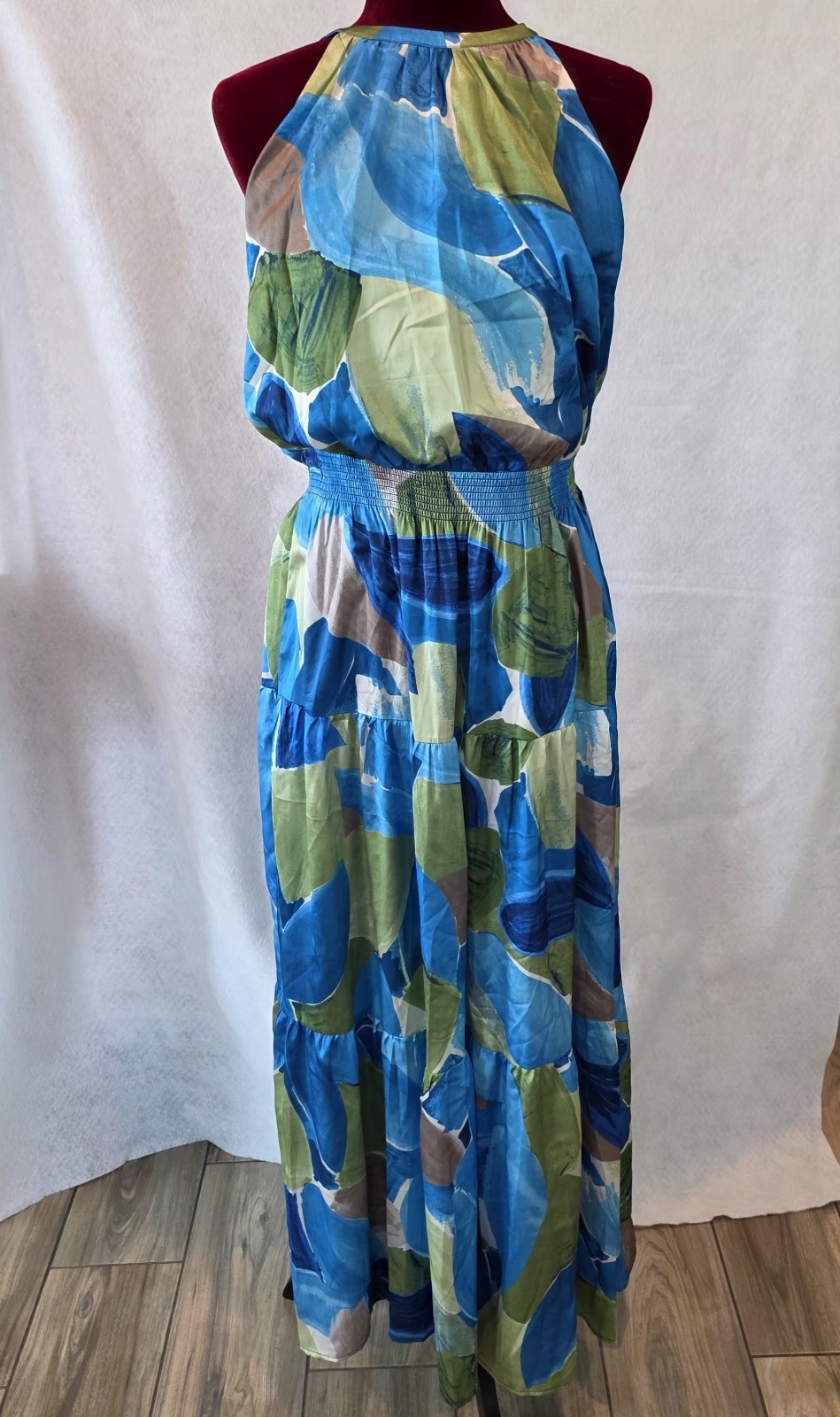 Nicole Miller New York Watercolor Abstract Maxi Dress Silky Feel, Halter Neck- L