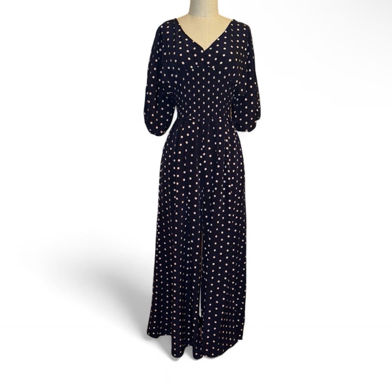 Polka Dot Navy & White Jumper Ruched Waist Tie Back Size Small To Medium