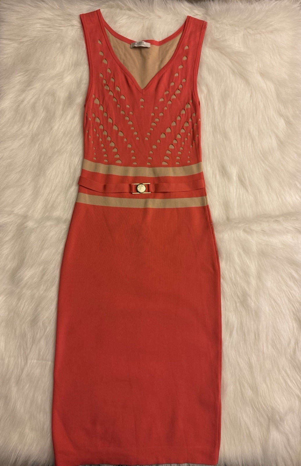 Versace Collection Coral Cutout Bodycon Knit Dress Size 44 With Medusa Belt