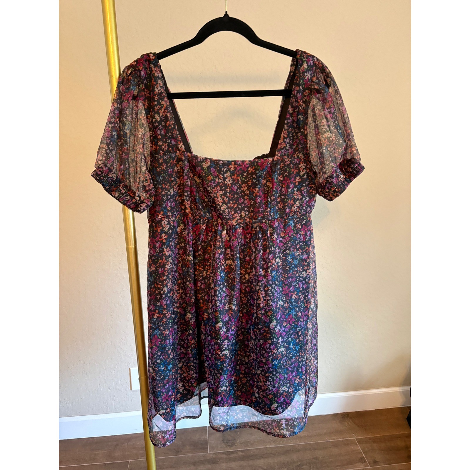 Wild Fable Floral Square Neck Puff Sleeve Mini Dress XL Smocked Fairy Garden