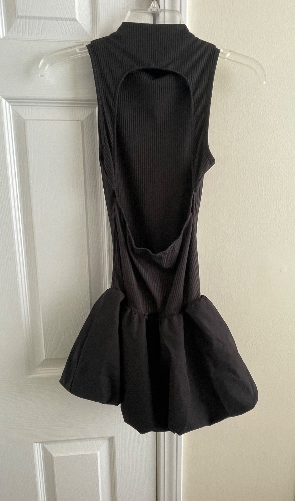 Black Ribbed Mock Neck Drop Waist Bubble Hem Mini Dress