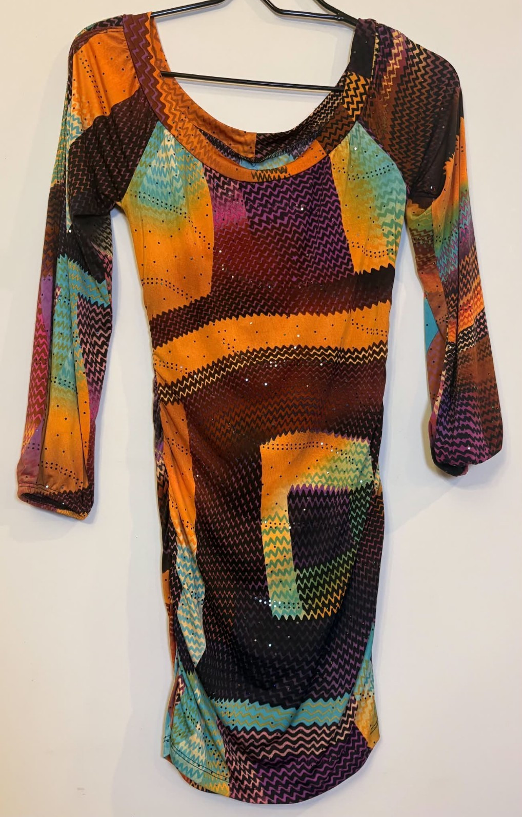 Women’s Multicolor Abstract Mesh Sheer Stretch Mini Dress 3/4 Sleeve S