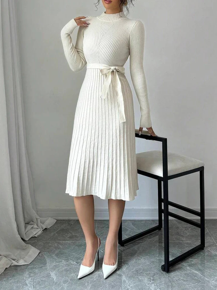 New Elegant Minimalist Solid Color Stand Collar Fitted Sweater Dress, Autumn