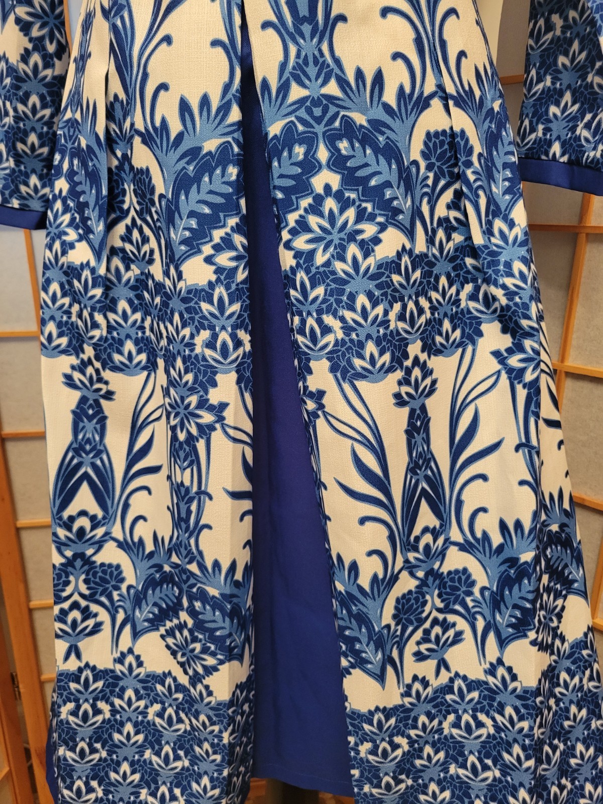 ASHRO Blue/White Floral Boat Neck 3/4 Bell Sleeve Midi A-Line Dress S/M
