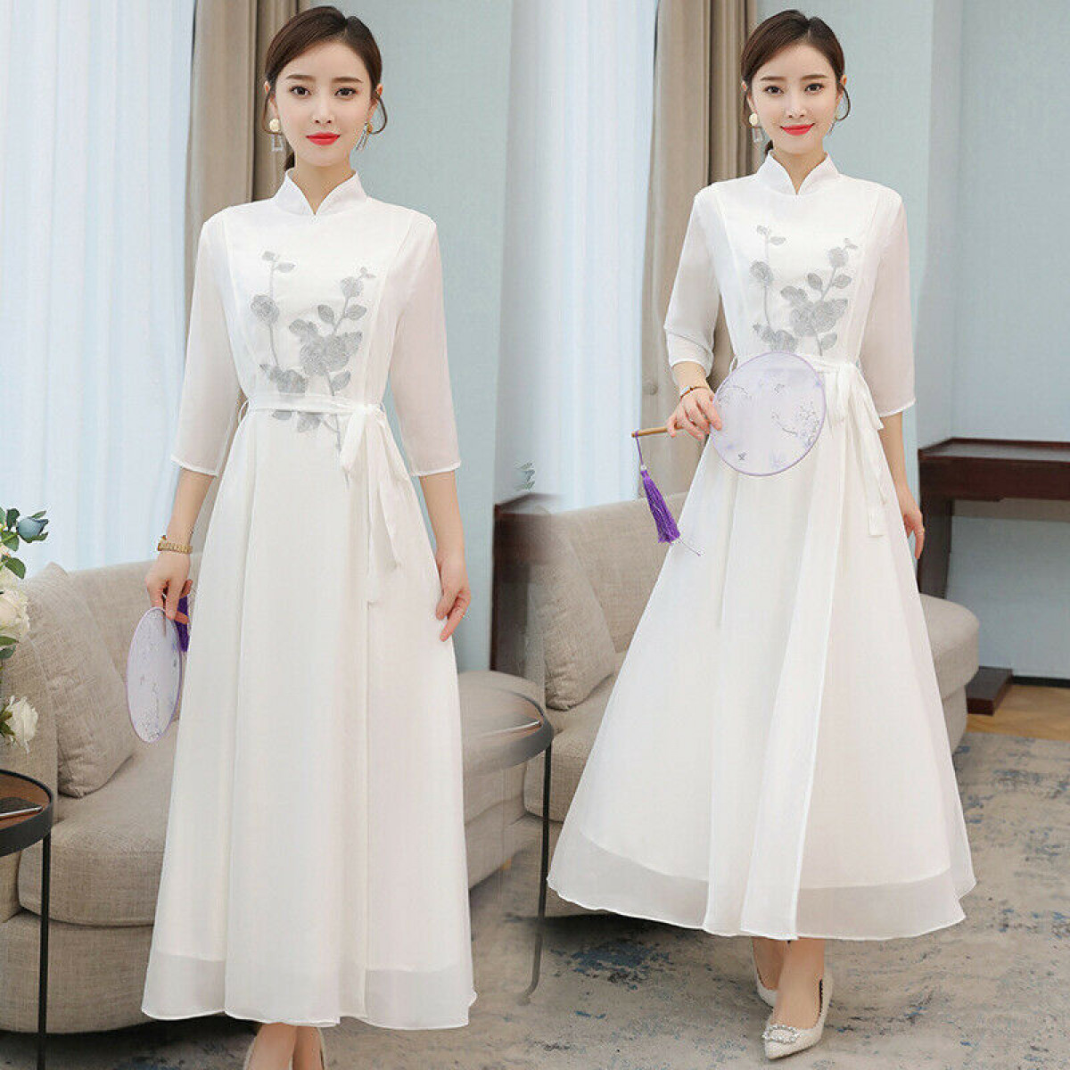 Women Chinese Chiffon Hanfu Ball Gown Summer Dress Retro Cheongsam Size M-2XL