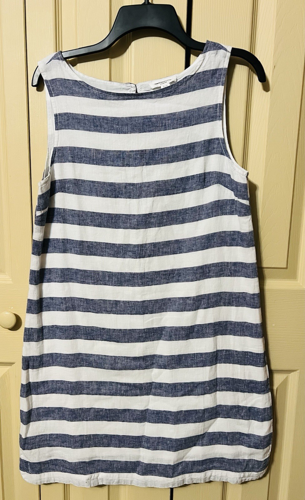 Beach Lunch Lounge Blue Striped Linen Dress Size S Shift Sleeveless Lined