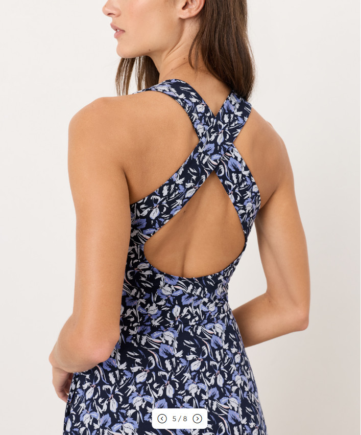PACT Organic Fit & Flare Open Back Maxi Dress – Paradise Petals Navy Blue NEW