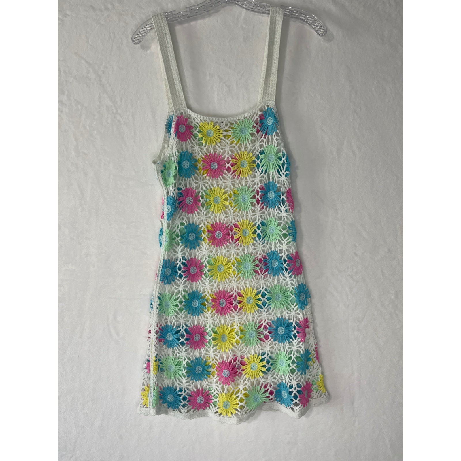 White Colorful Crochet Floral Daisy Mini Dress Sz Med Swim Coverup Boho Festival