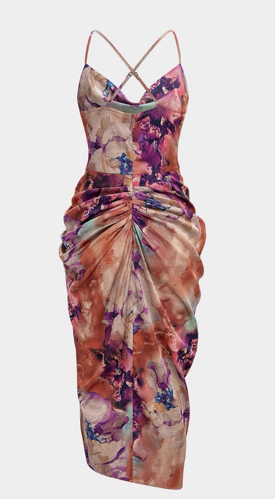 Micas Floral Ruched Satin Slip MIDI Dress, Orange/Purple, Women’s Size M