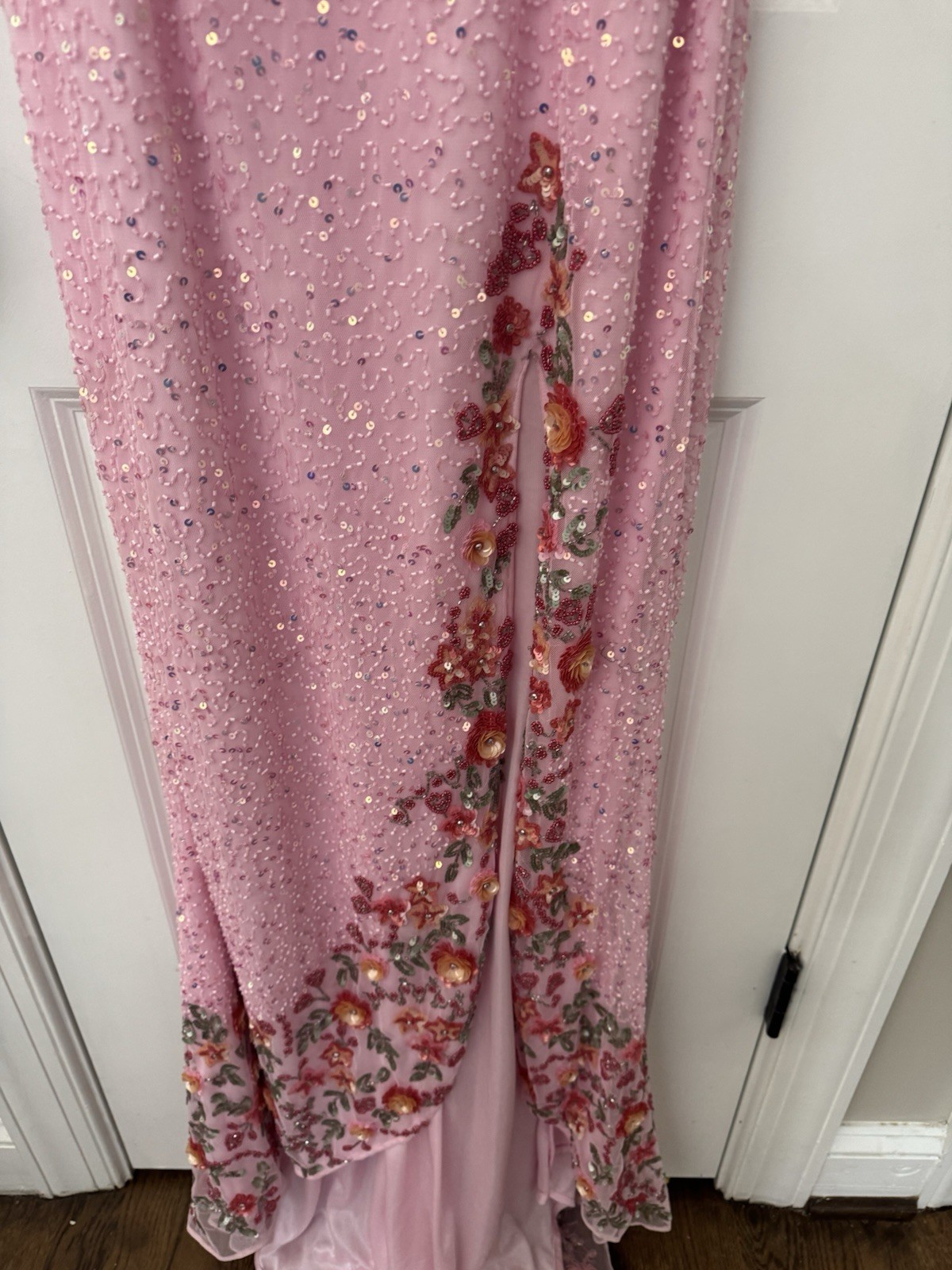 Primavera Couture Beaded Sequence Prom Gown Heavy Beading Pink Formal Slit