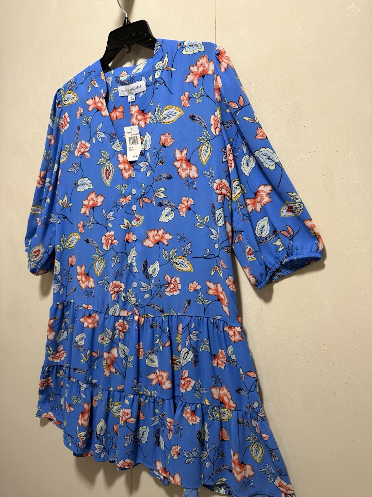 Emma & Michele Floral Tiered Knee length Dress Button Detail Women’s Sz M / Blue
