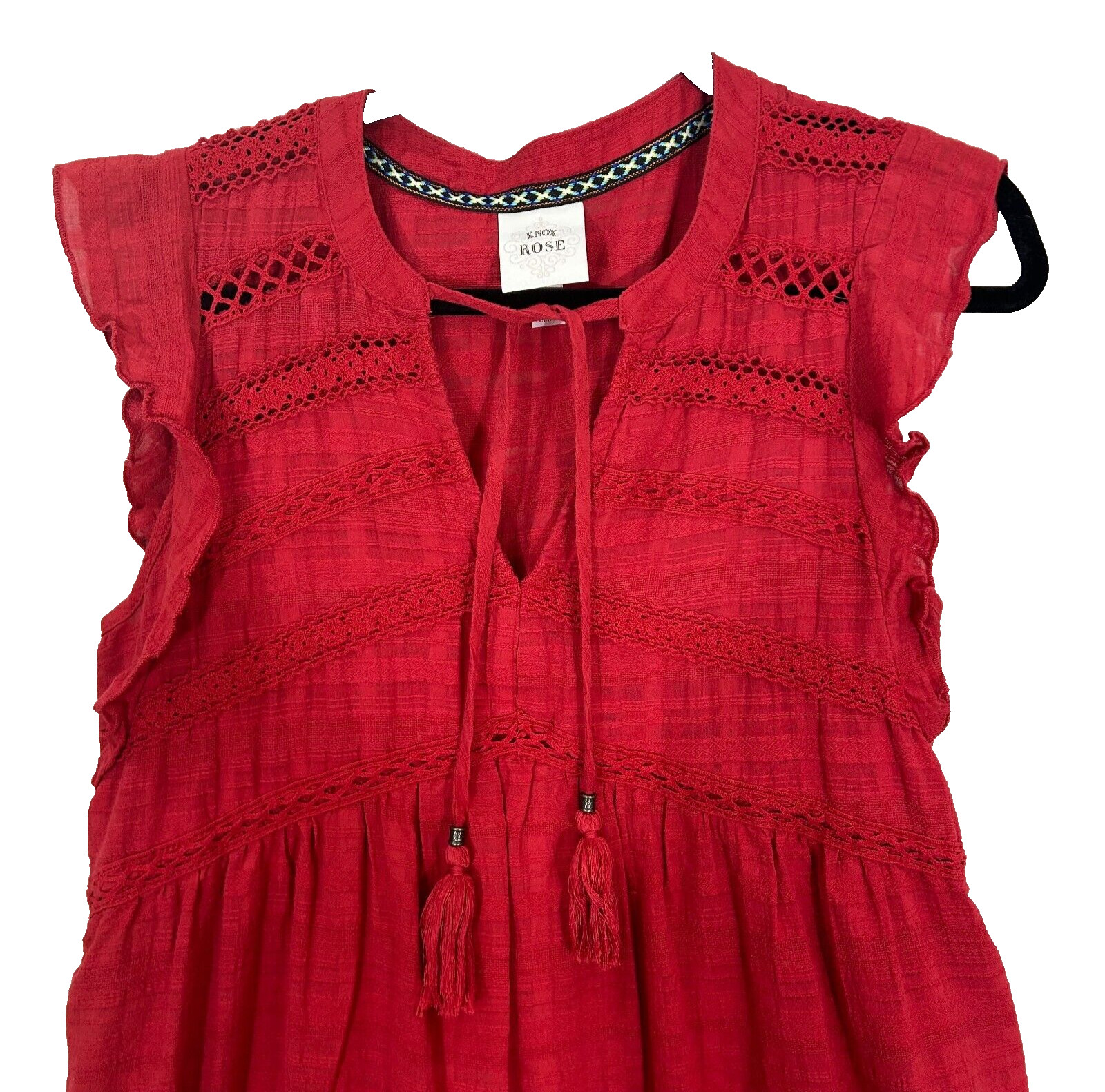 Knox Rose Dress Medium Knee Length Red Tiered Ruffle Tasseled Peasant Boho