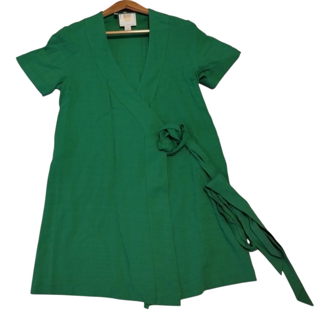 Emily McCarthy Green Belted Day Robe Wrap Dress Womens XS Linen Blend