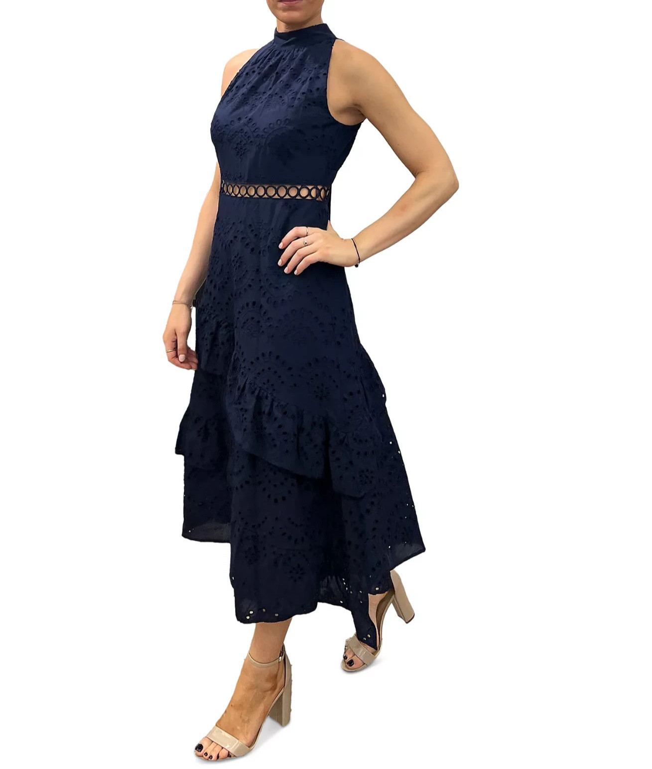 Sam Edelman Blue Eyelet High Neck Sleeveless Tiered Dress Womens 12 In Navy $158