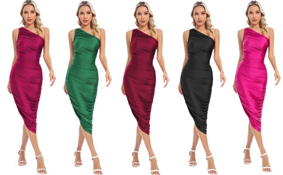 Capuffy Women’s One Shoulder Pencil Dress Ruched Bodycon Dresses MED Wine Red