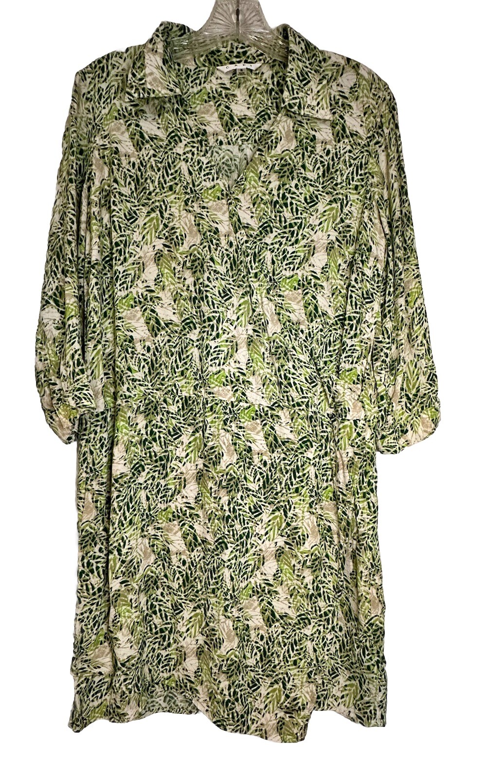 CAbi Faux Wrap Dress Green Tan Hawaiian Tropical Floral Leaf Boho Indie Sz Small