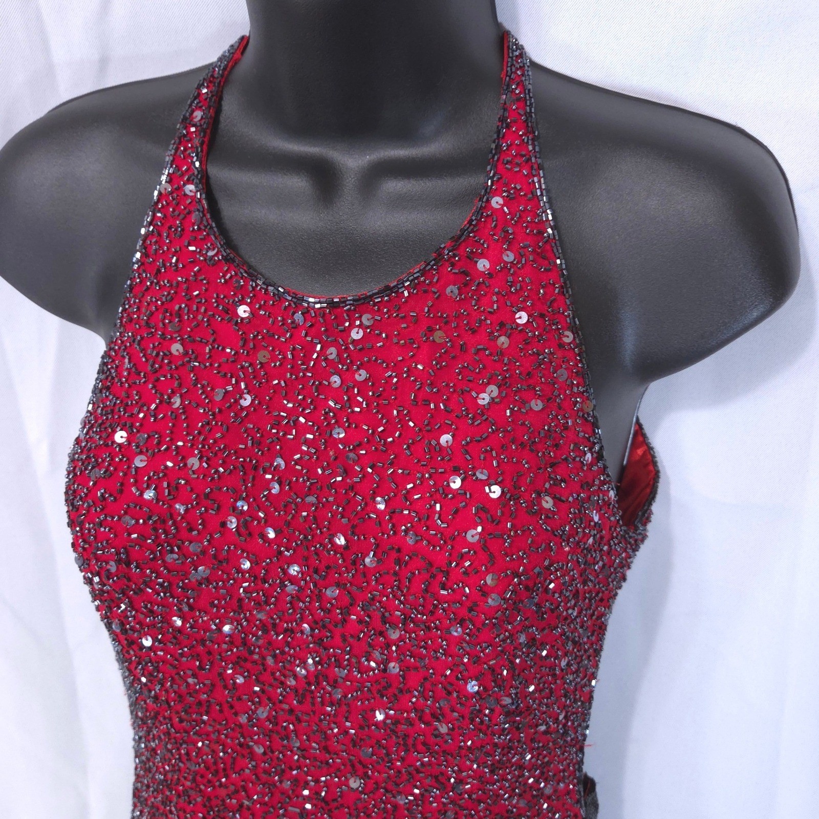Vtg Scala Beaded Silk Halter Open Back Evening Gown Dress S Red Cocktail Y2K
