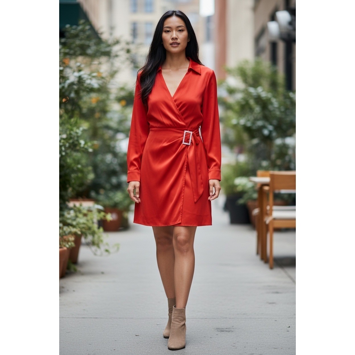 House of Harlow 1960 Red Satin Rhinestone Buckle Mini Wrap Dress Medium GORGEOUS