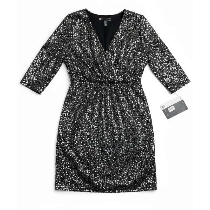 JS Boutique Black Silver Sequin Surplice Mini Cocktail Dress Women’s 6 – NWT