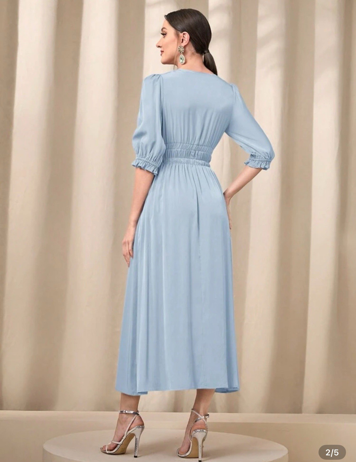 Women’s Blue Solid V-Neck 3/4 Puff Sleeve Elastic Waist A-Line Midi Dress M