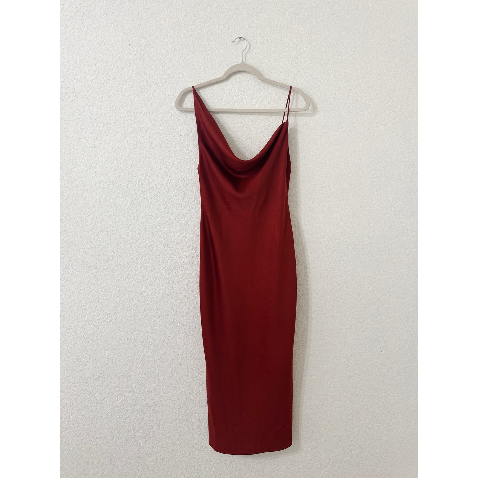 BHLDN Rust Asymmetrical Cowl Neck Satin Midi Bridesmaid Dress Size 6