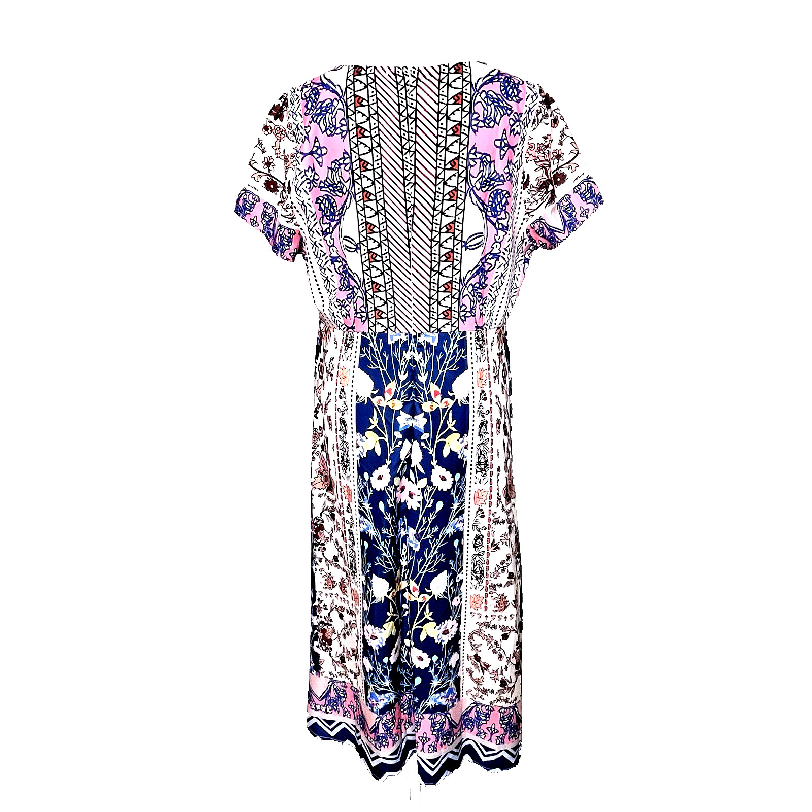Pretty, Casual Boho Midi XL Zip Dress Patchwork Floral Cotton Blend Short Sleeve
