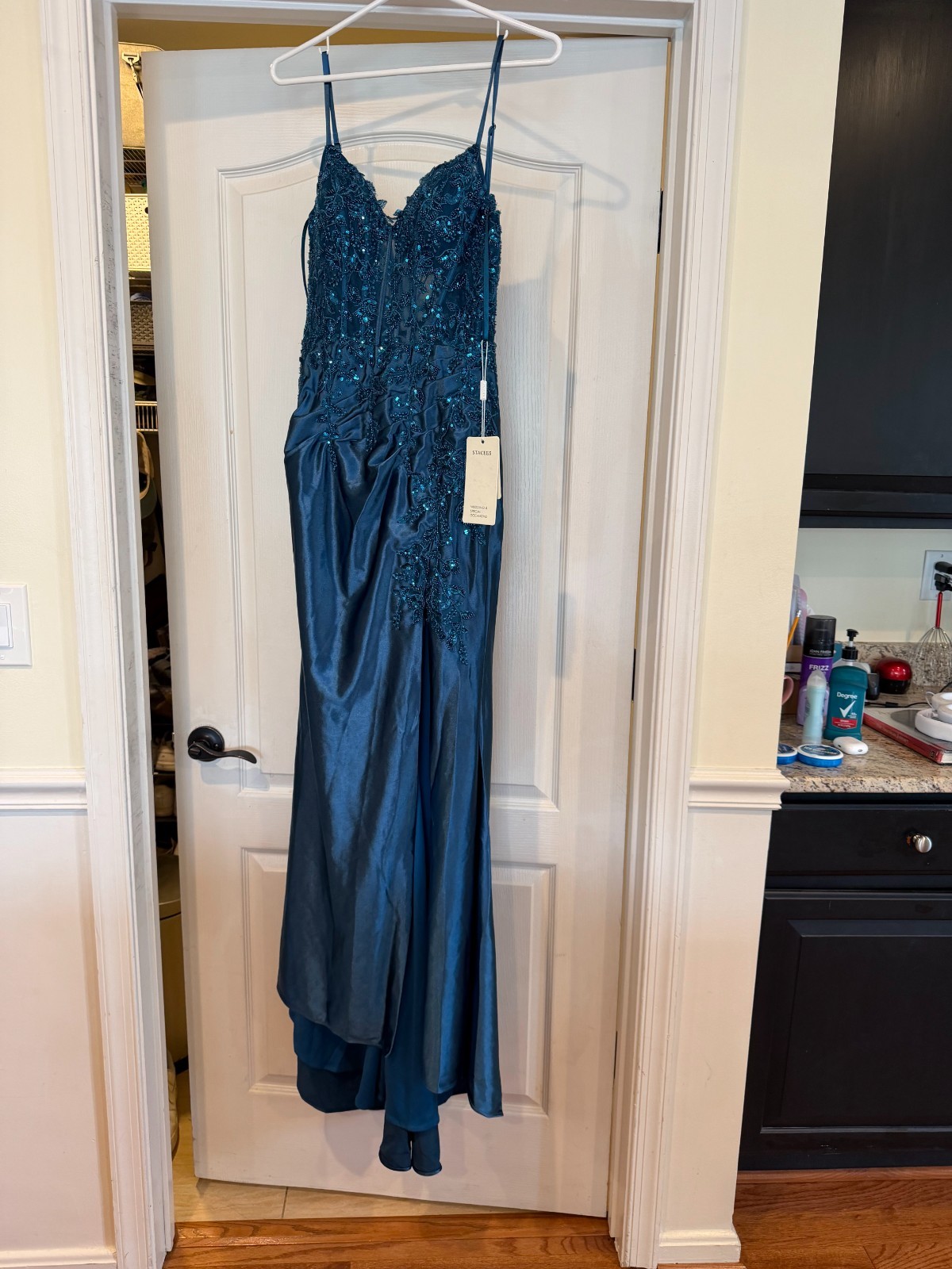 Stacees Fitted V Neck Beaded Sheer Corset Prom Dress with Slit