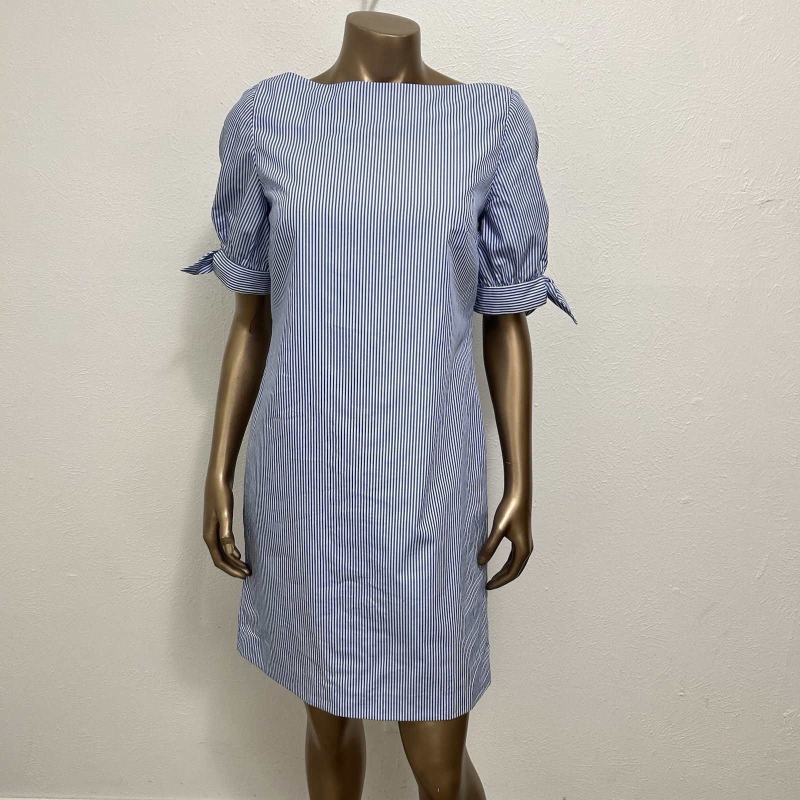 Charlotte Brody Blue Striped Sheath Dress Bow Cuffed Puff Sleeves Size 6 Spring