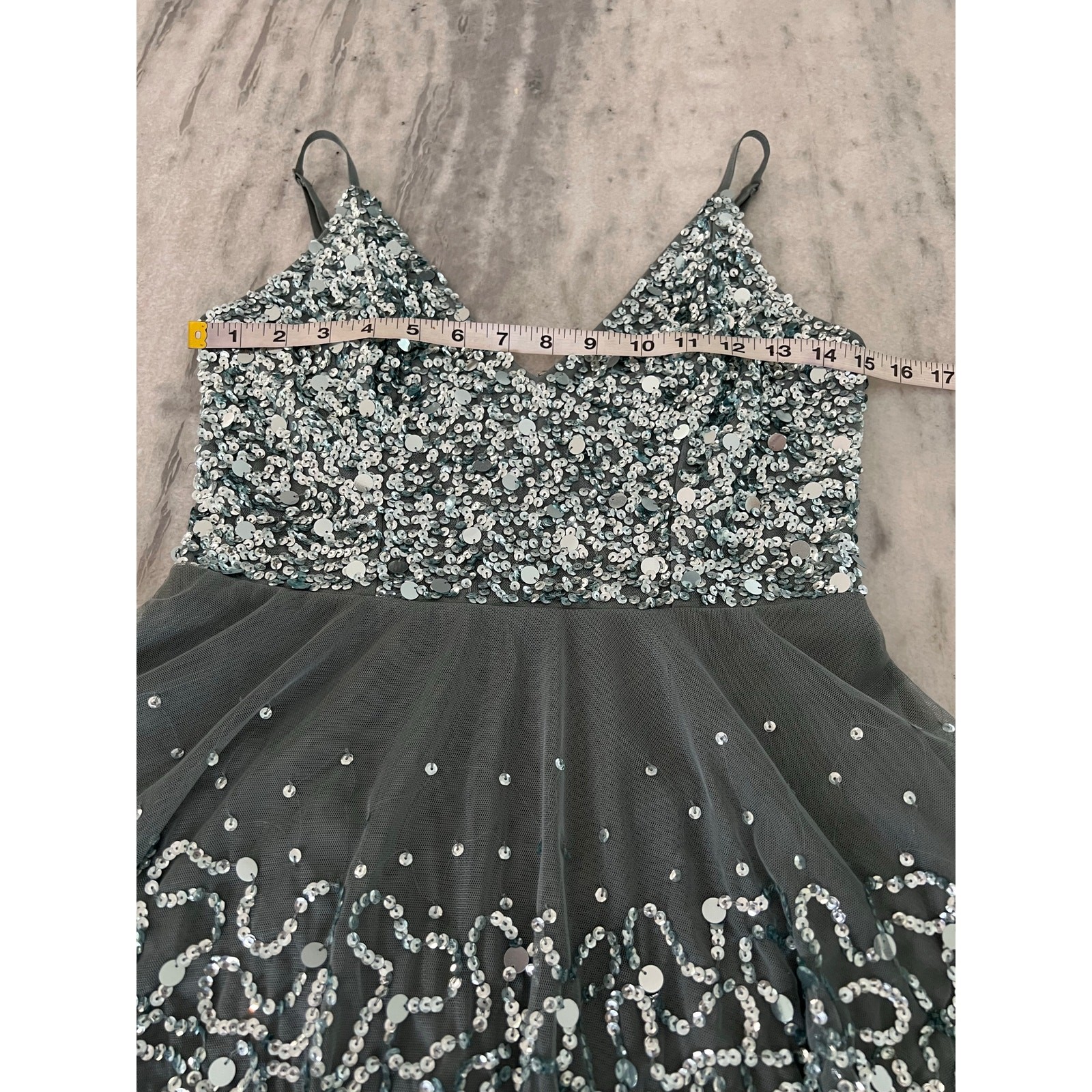 Lace & Beads Silver Gray Sequin Mini Dress Size Small Tiered Tulle