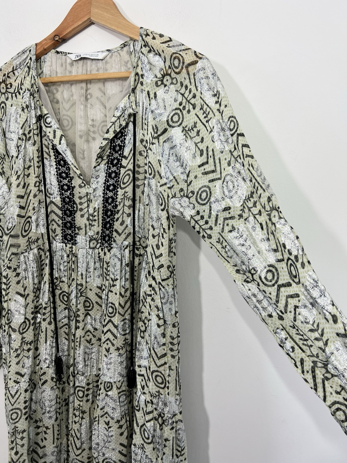 Zara A Line Boho Mini Dress Size XS Relaxed Oversized Fit Green Metallic Silver