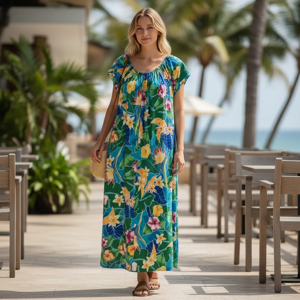 Hilo Hattie Hawaiian Floral Maxi Dress Made in Hawaii Womens L Blue Aloha Muumuu