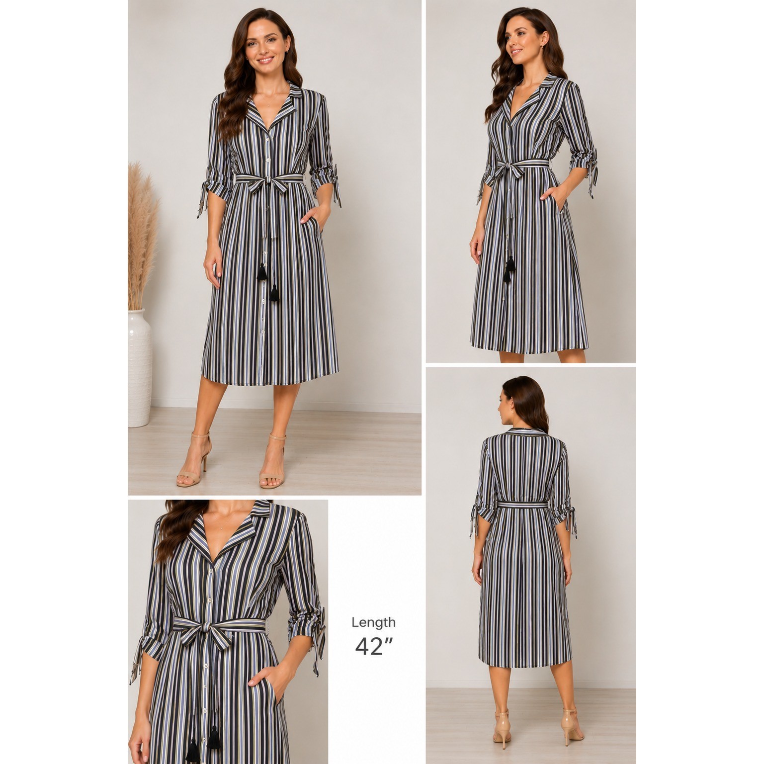 Figue Striped Shirt Dress Womens Small Navy White Yellow Tie Cuff Midi Cotton
