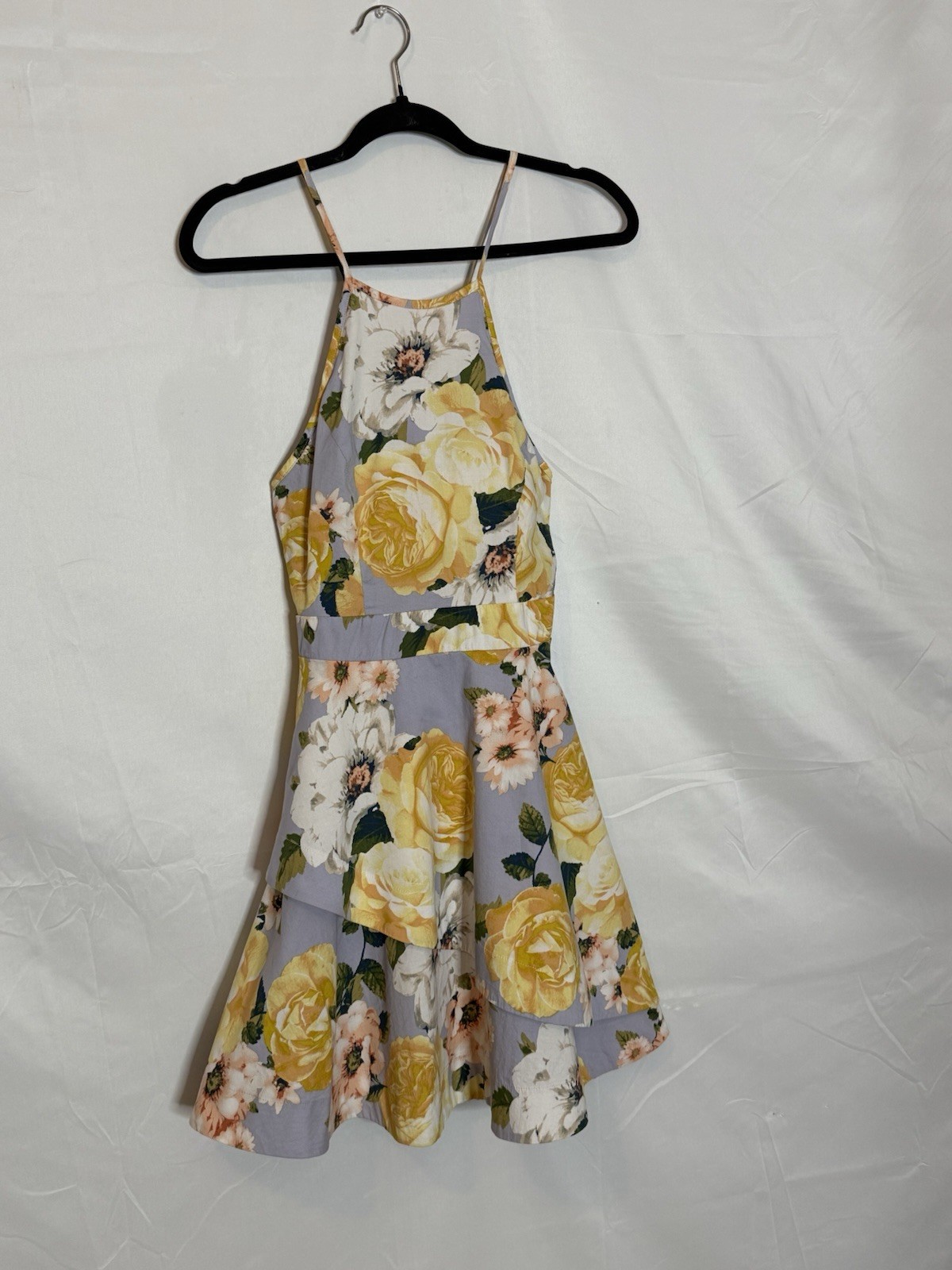 Speechless Floral Fit & Flare Dress Sz 7 Lavender Yellow Rose Print Asymmetrical