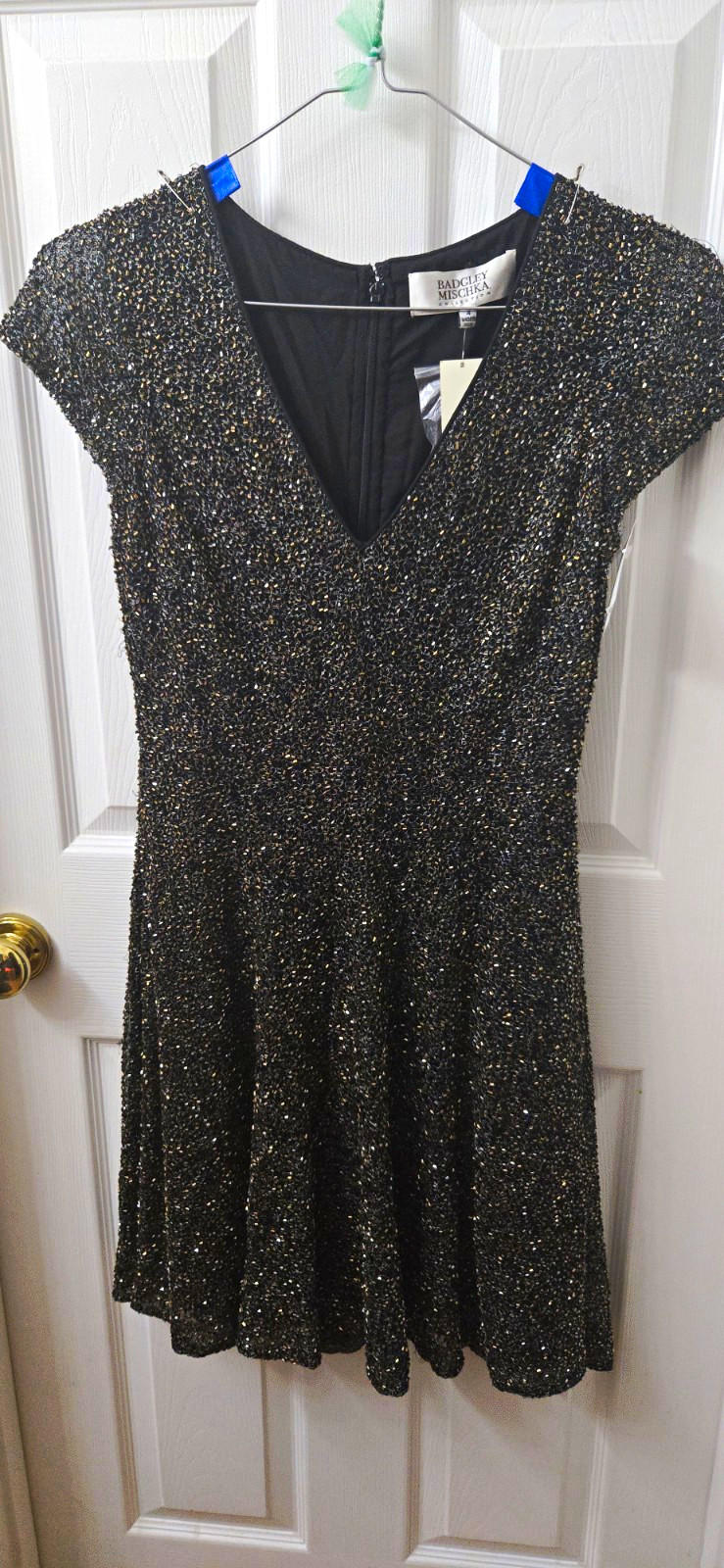 New Badgley Mischka Black & Gold Beaded Fit & Flare Dress Sz 4 Retail $475